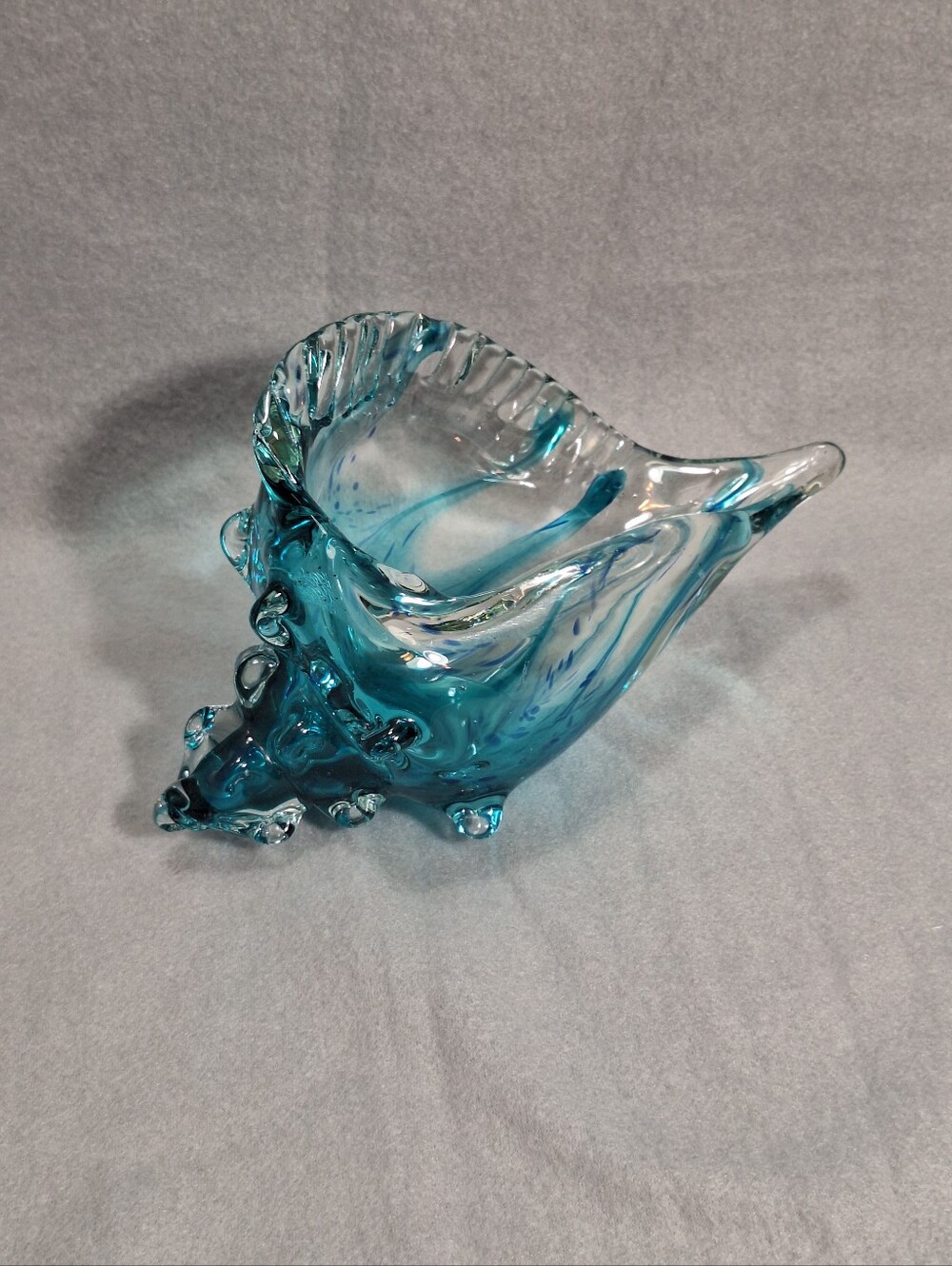 8 Inch Blown Art Glass Aqua Blue Conch Shell Sculpture Beach Ocean Paperweight